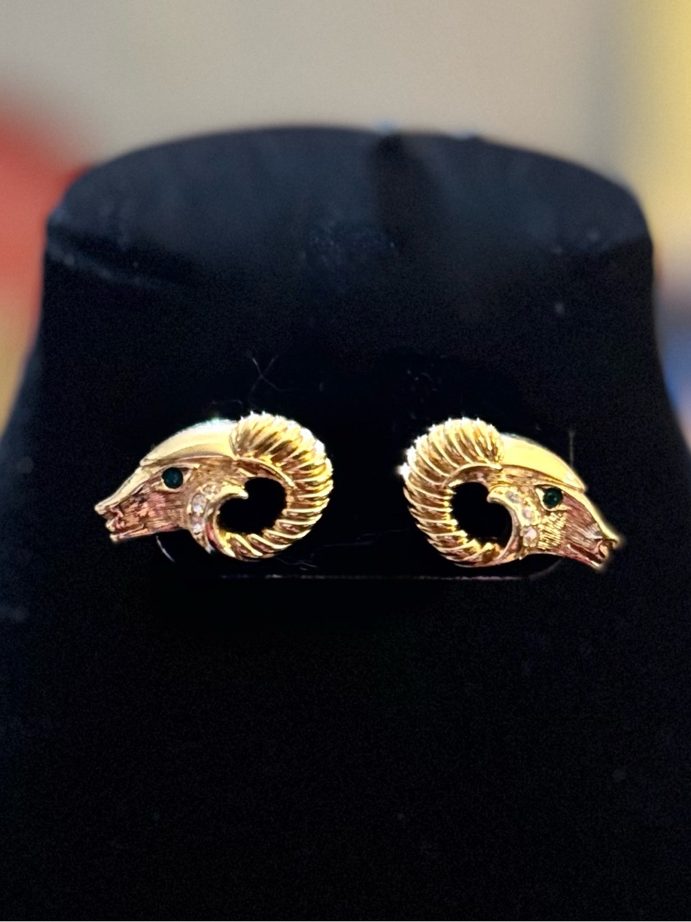 Vintage Kenneth Jay Lane KJL Avon Gold Tone Ram Head Earrings w/ Crystal Accents